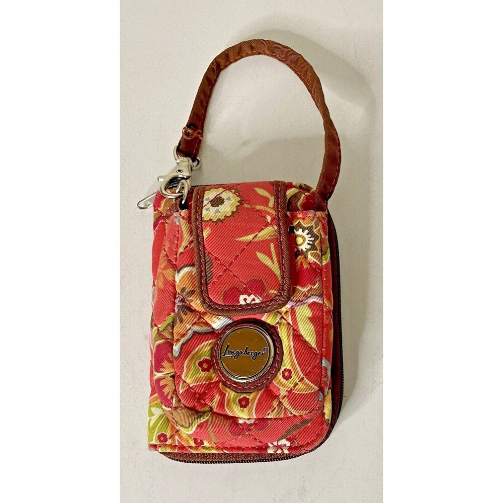 Longaberger Cellphone Wallet Pink Brown Floral Fabric Strap with Lobster Claw